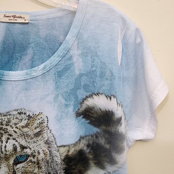 Sweet Gisele jeweled snow leopard print short sleeve shirt woman's size small - Picture 9 of 10